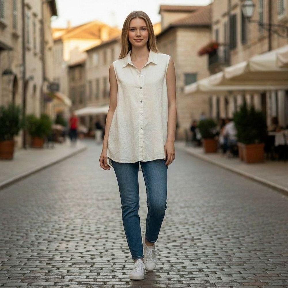 Splendid Womens Linen Blend Sleeveless Button Down Shirt Cream Off White Small